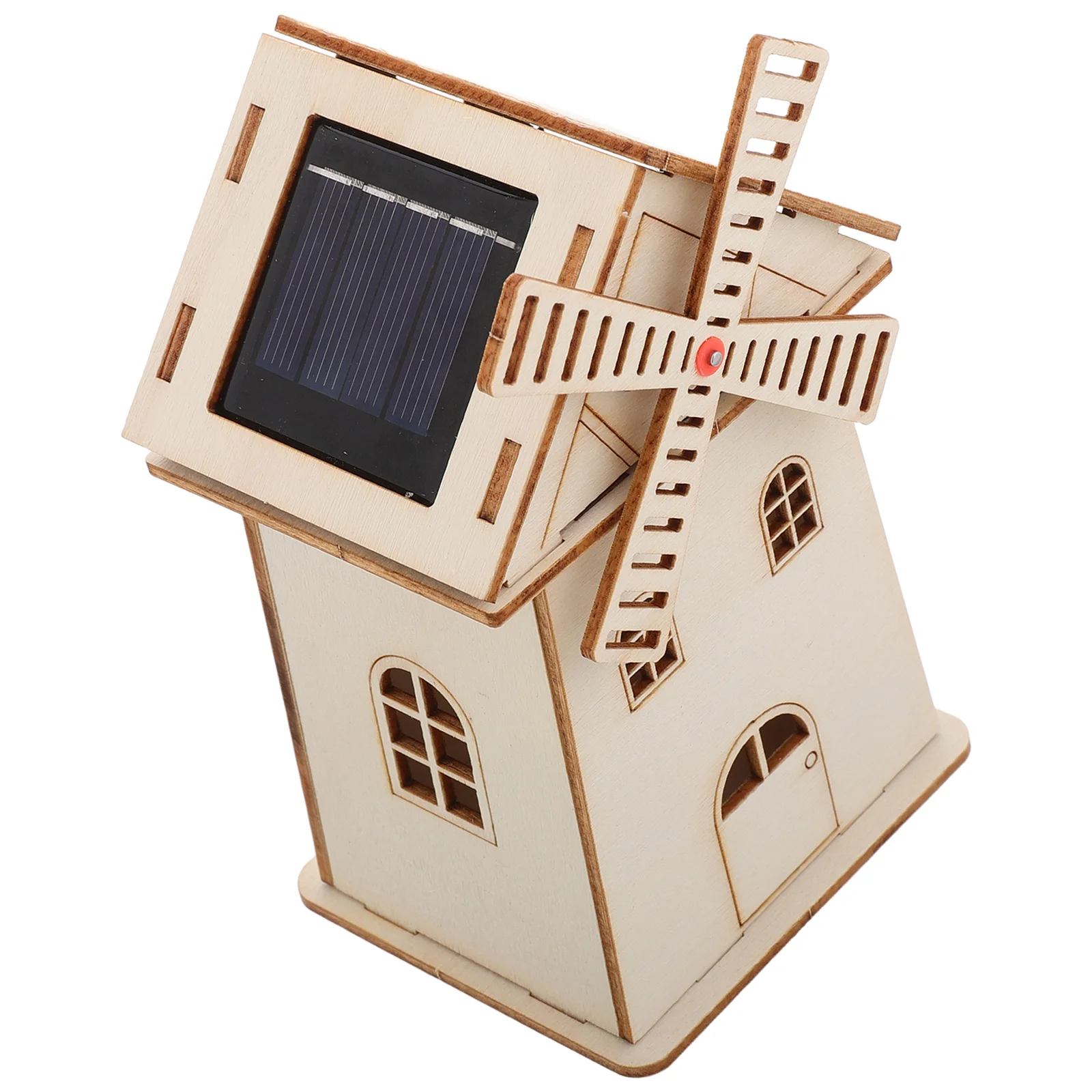 Solar Powered Wooden Windmill House Model Unfinished Paintable Craft Kit Science Toy Desk Office Decor