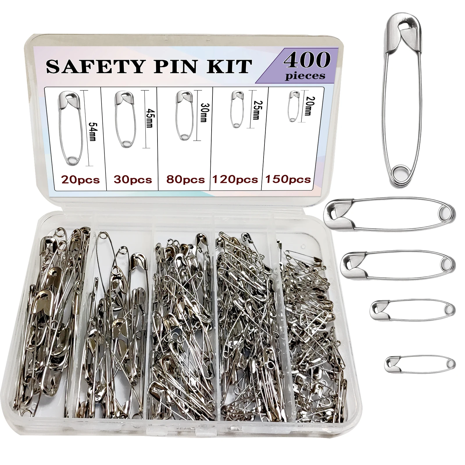 200/400 Safety Pins, 5 Sizes Silver Bulk Rust-Resistant Nickel Plated Steel Pin for Clothes, Sewing, Arts & Craft
