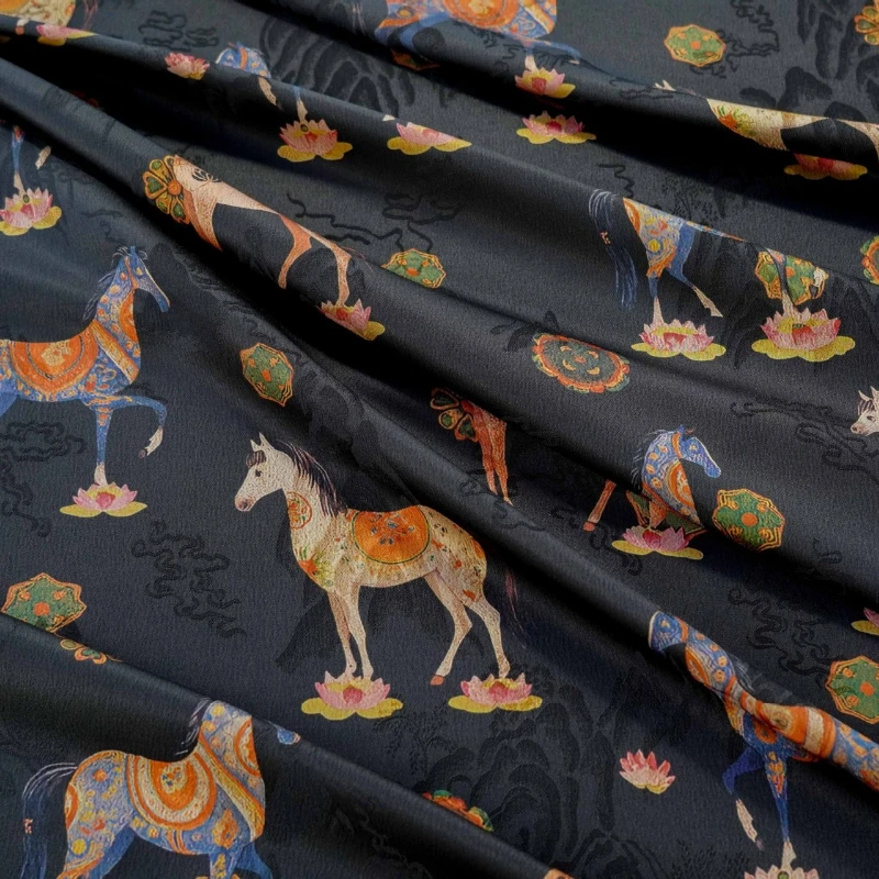 

1 Meter X1.5 Meter Chinese Style Horse Pattern Jacquard Fabric Cheongsam Coat Hanfu Dressing Damask Fashion Decoration Fabric