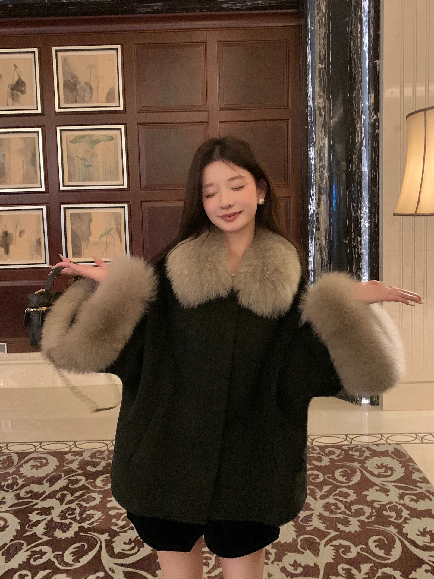 

Full Wool Double-Faced Coat with Fur Collar Women's Autumn Winter New Sle Korean Sle Commute Pure Color Long Sve