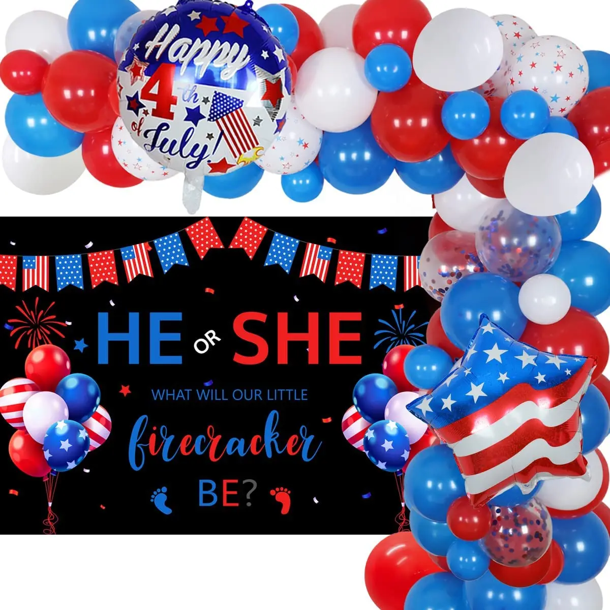 JOYMEMO 4th of July Gender Reveal Party Decorations Patriotic Balloon Garland Kit American Independence Day Party Supplies