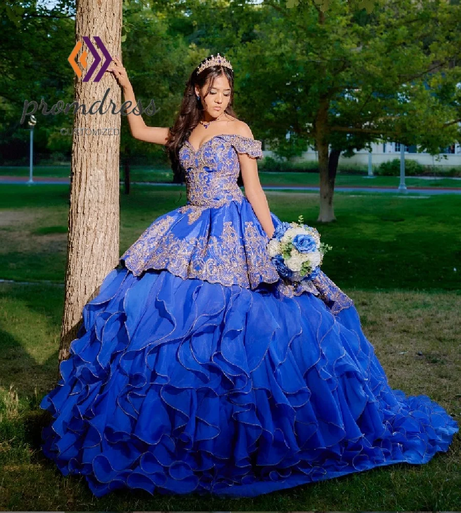 Lindo azul quinceanera vestidos 2026 em camadas organza babados rendas vestidos de 15 anos xv para charro tradicional rodeo outfit