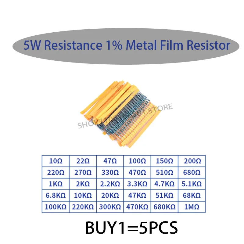 

5PCS/LOT Metal Film Resistor Resistance 5W 1ohm-10Mohm 1% Tolerance
