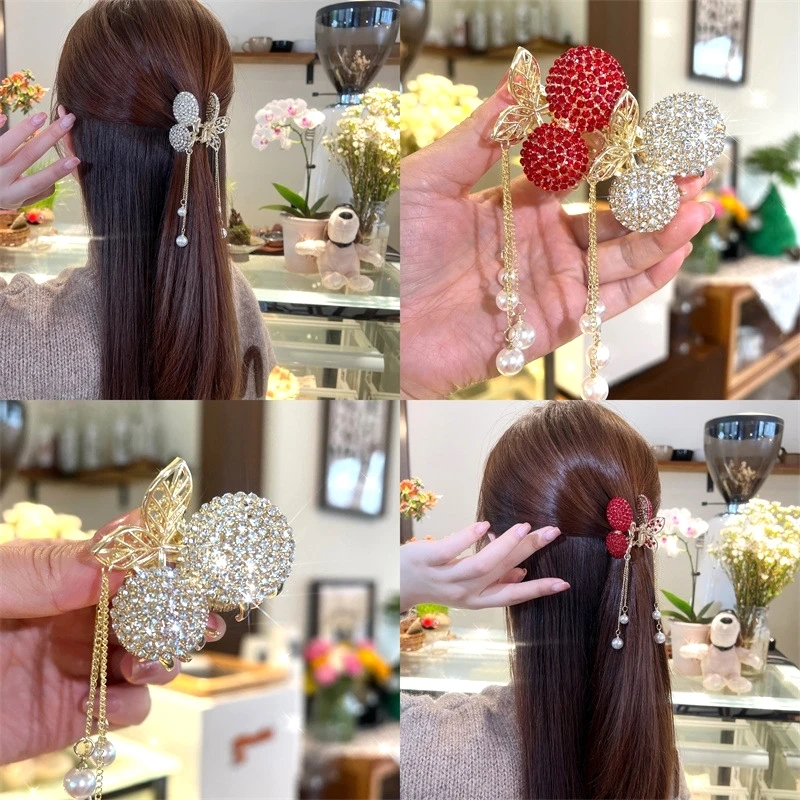 1PC Cute Diamond Full Cherry Fringe Rhinestone Small Grab Clip Women's Back Hair Clip Premium Touch Shark Clip Fairy Headpiece