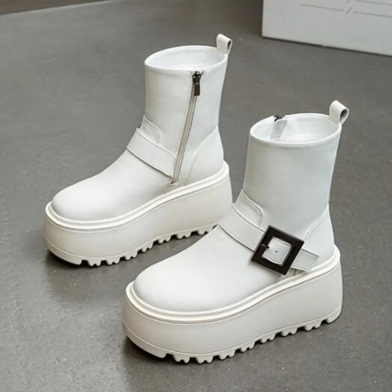 2026 High Quality 8CM New Cow Genuine Leather Winter Plush Spring Knee High Ankle Boots Woman ZIP Motorcycle Autumn Fashion Shoe
