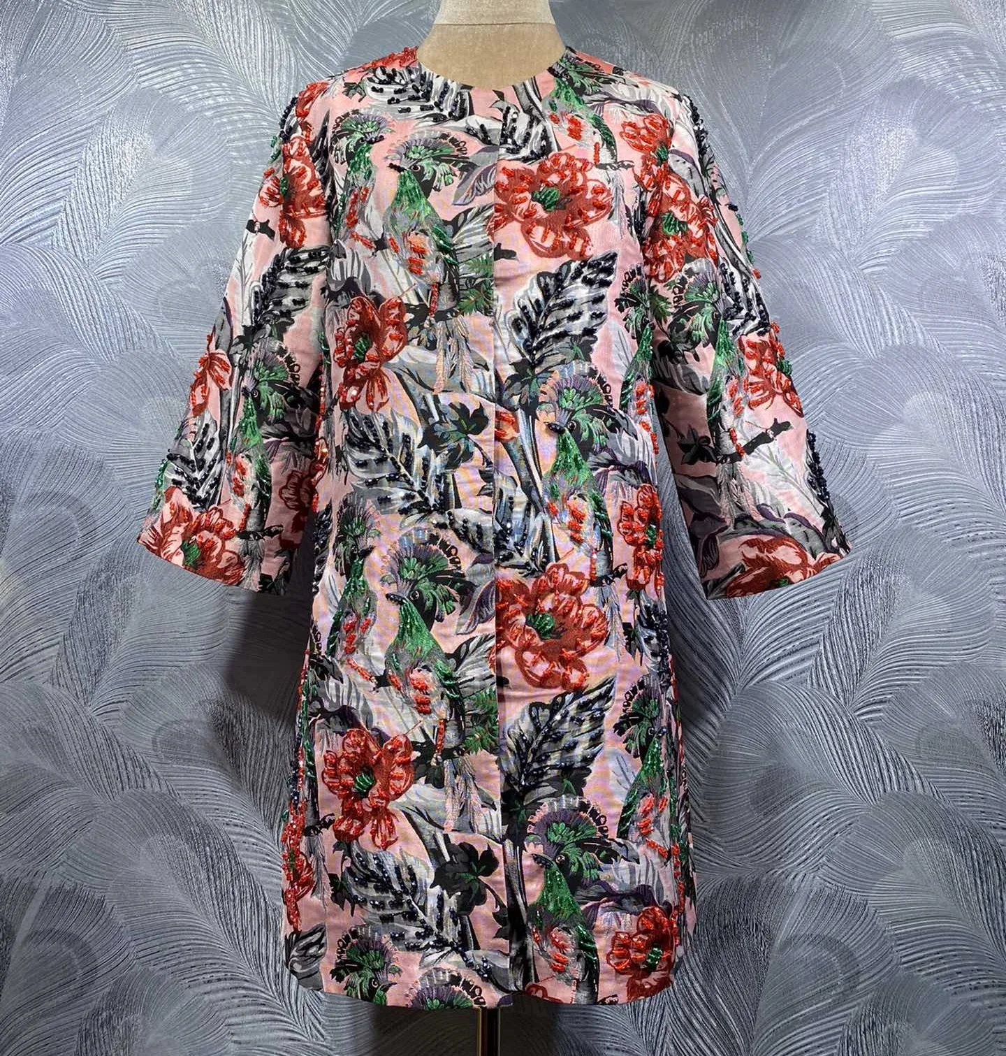 XXL Long Coat Outerwear 2025 Autumn Winter Fashion Women Hand Made Beading Vintage Jacquard Flower Print Covered Button Overcoat