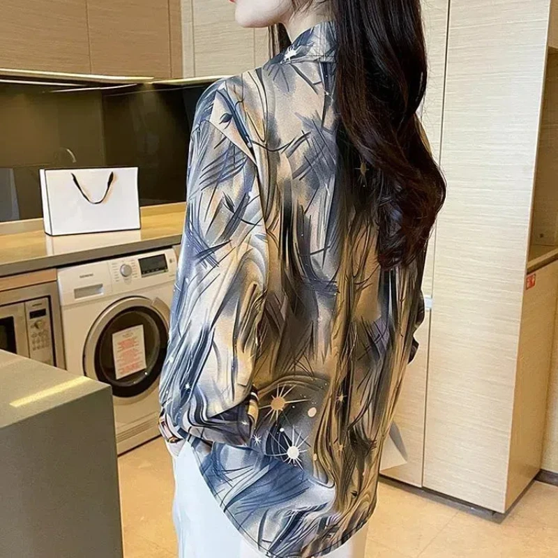 Turn-down Collar Women\'s Clothing Button Lantern Long Sleeve Tie Dye Printing Cardigan Shirt Casual Elegant Spring Autumn Tops