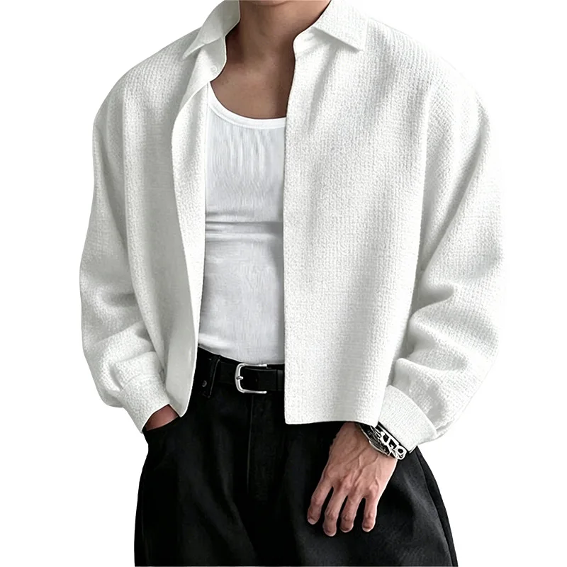 Daily Leisure Solid Color Long Sleeve Shirt Mens Vintage Loose Breathable Crop Shirts Fall Trendy Streetwear Men Shirt Tops