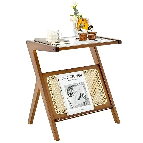 Rattan Side Table, Z-Shaped End Table with Tempered Glass Top, Magazine Rack, Boho Night Stand, Small Coffee Table