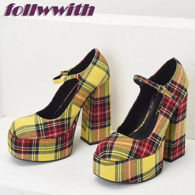 Yellow Plaid Gingham Square Heel Pumps Platform Super High Autumn  Fashion Modern 2024 Hot Sale New Arrival Shoes