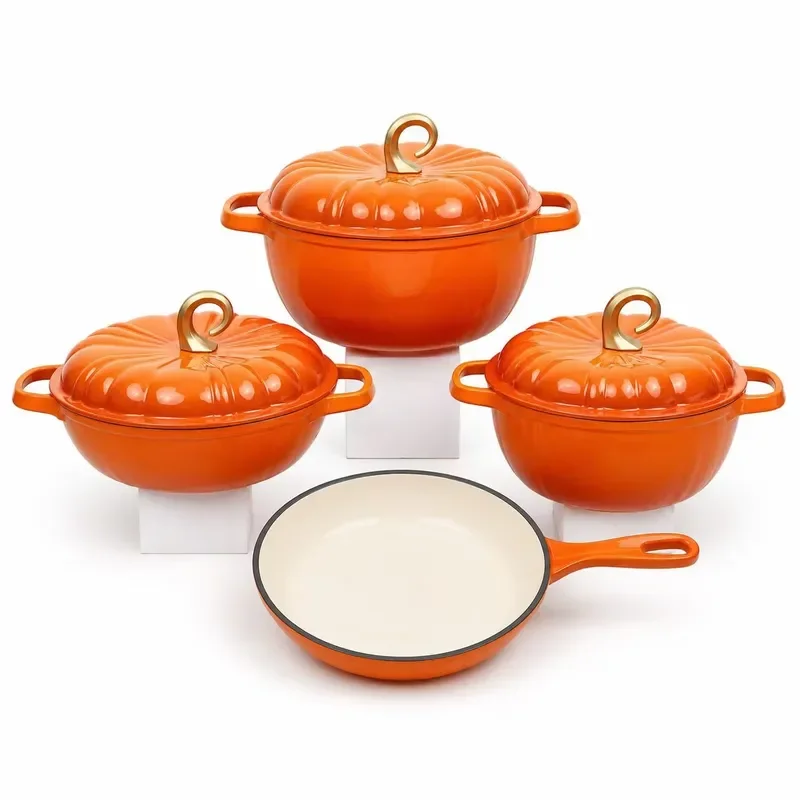 4-Piece Cast Iron Enamel Cookware Set, Multi-Functional Combo Including Stockpot & Frying Pan, Compatible with Gas Stoves