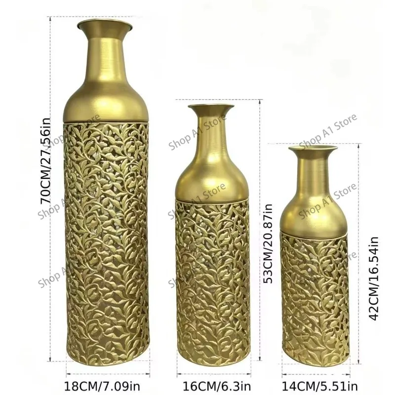 Golden relief wrought iron vase three-piece light luxury living room entrance floor dried flower arrangement decorative ornament