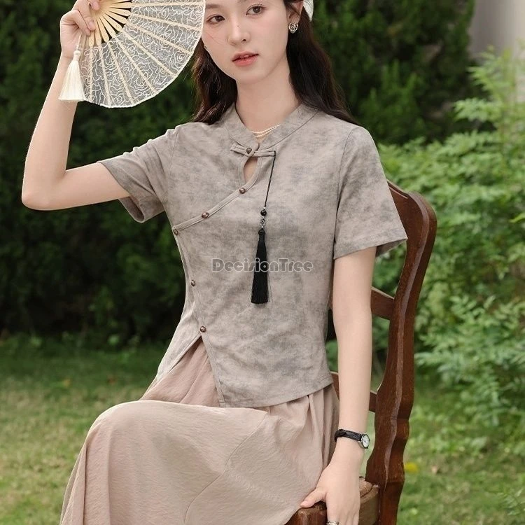 2024 fashion design sense irregular qipao top elegant literature art retro temperament top new chinese style slim fitting blouse