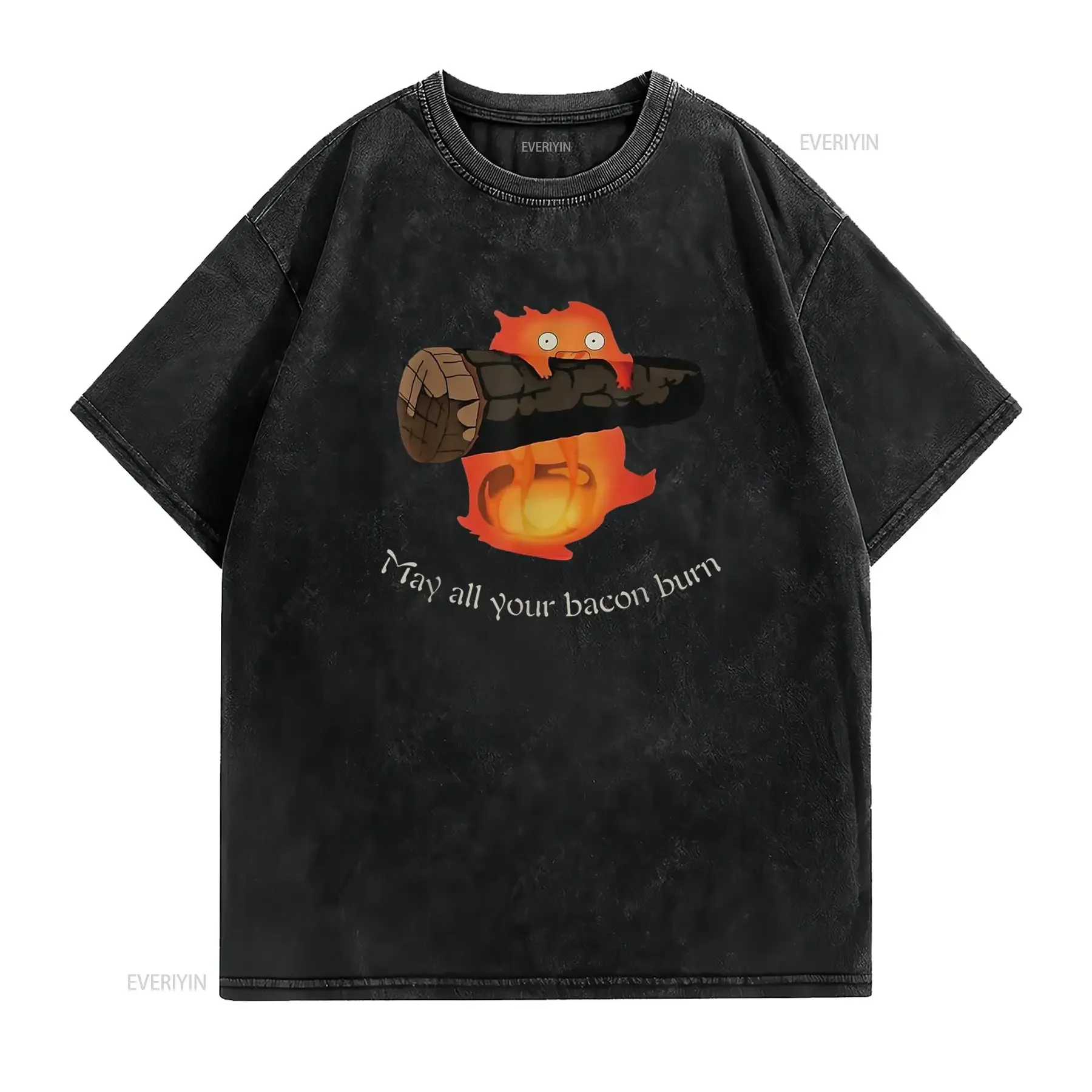 تي شيرت Calcifer May All Your Bacon Burn الجمالي تي شيرت عتيق مغسول كاجوال للجنسين متعدد الاستخدامات قليلاً للارتداء اليومي #2