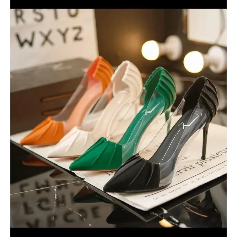 2024 New  Luxury Designer Metal Pointed Stiletto Shallow Mouth Single Shoes High Heels Women Green Party Shoes Woman Pink Pumps