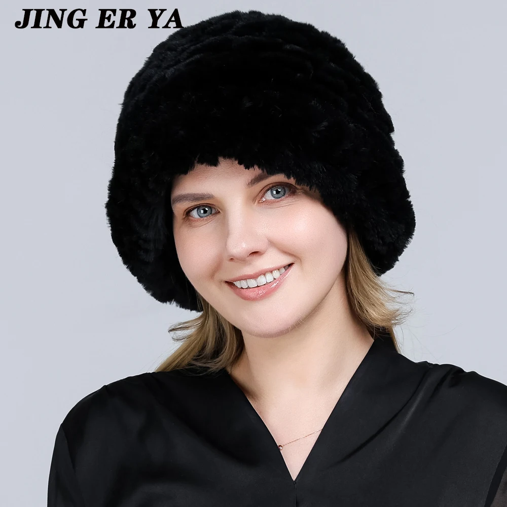 

JINGERYA Winter Good Elastic Real Fur Hat Women Knitted Natural Rex Rabbit Fur Skullies Cap Warm Soft Real Fur Beanies Hats