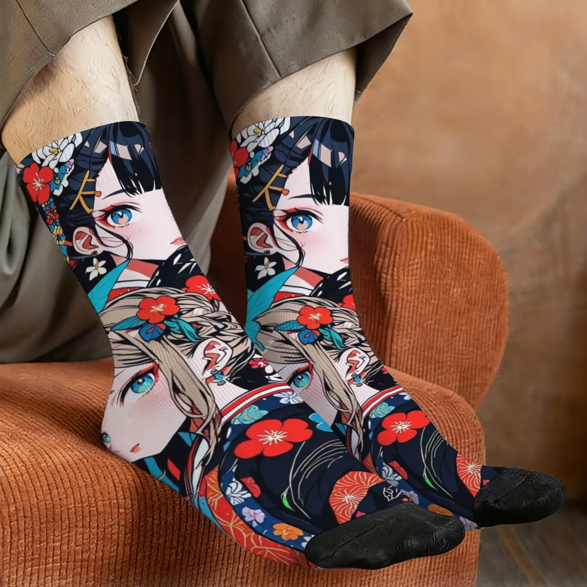Japanese Anime Harajuku Style Socks Kimono-clad Girl Print Men's Mid-calf Socks Ukiyo-e Anime Style Soft and Durable Socks