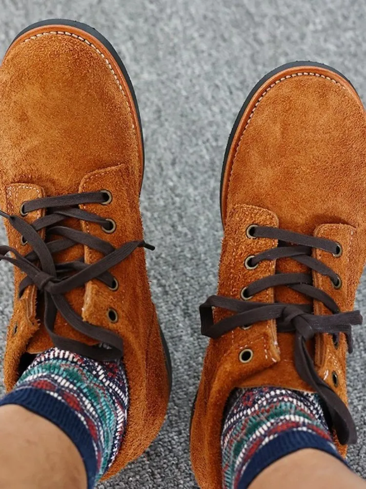 Japanese Vintage Mens Cow Suede Cargo High Top Shoes Lace Up Round Toe Handmade Men Casual Outside Genuine Leather Short Boots
