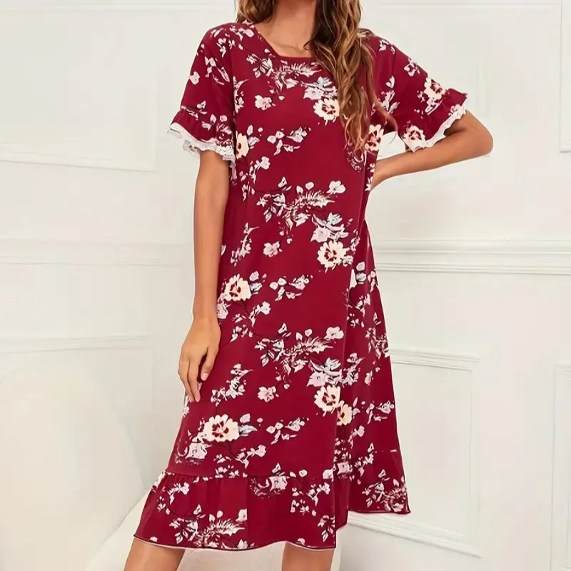 

Summer Women's Pajamas Red Floral print Short-sleeve Thin Loose Nightdress Outside Dress ruffle edge long Fish tail nightgown