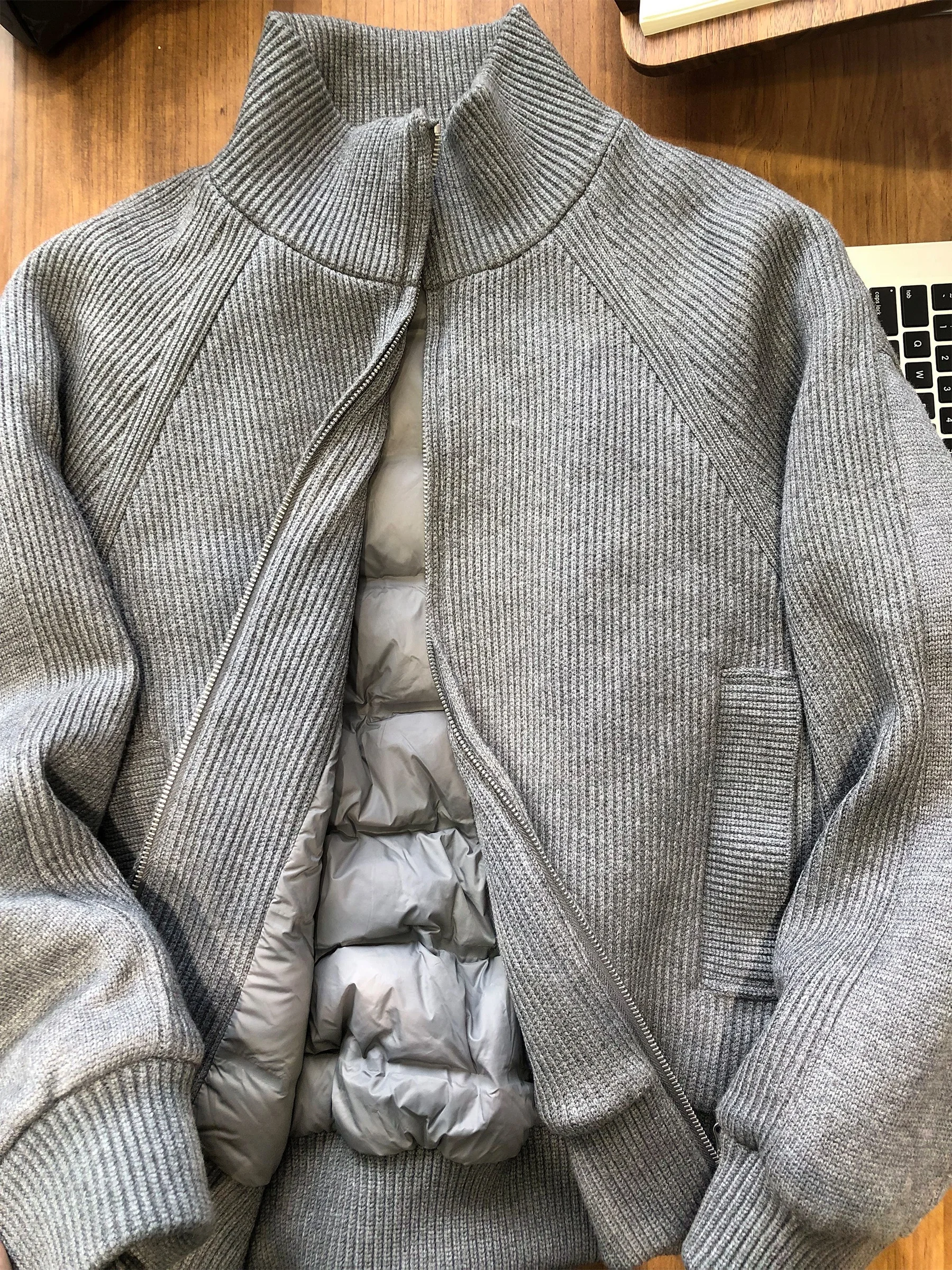 

Утепленная вязаная куртка-пуховик с воротником-стойкой, 90% пуха, мужская зимняя теплая верхняя одежда, повседневная, на молнии, с длинными рукавами