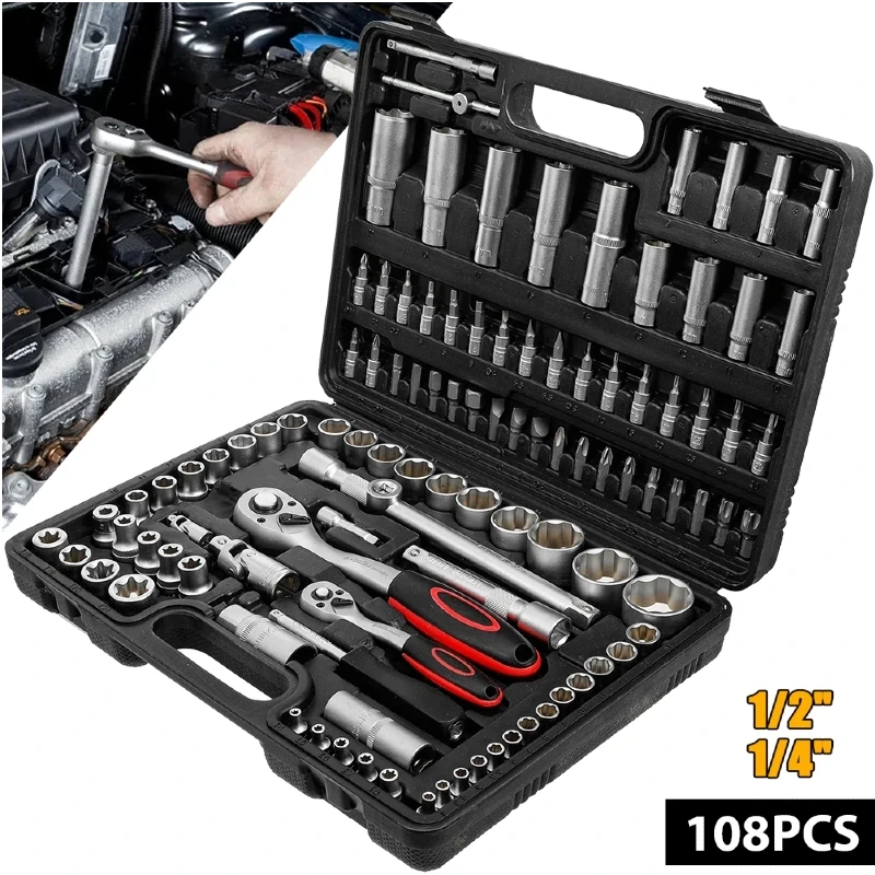 108-teiliges Ratschen-Steckschlüssel-Set, Auto-Reparatur-Werkzeug, Drehmomentschlüssel-Kombi-Set, 1/4 Zoll ‌   1/2″ ‌   Ratschenschlüssel, Schraubendreher-Bits, Handwerkzeug