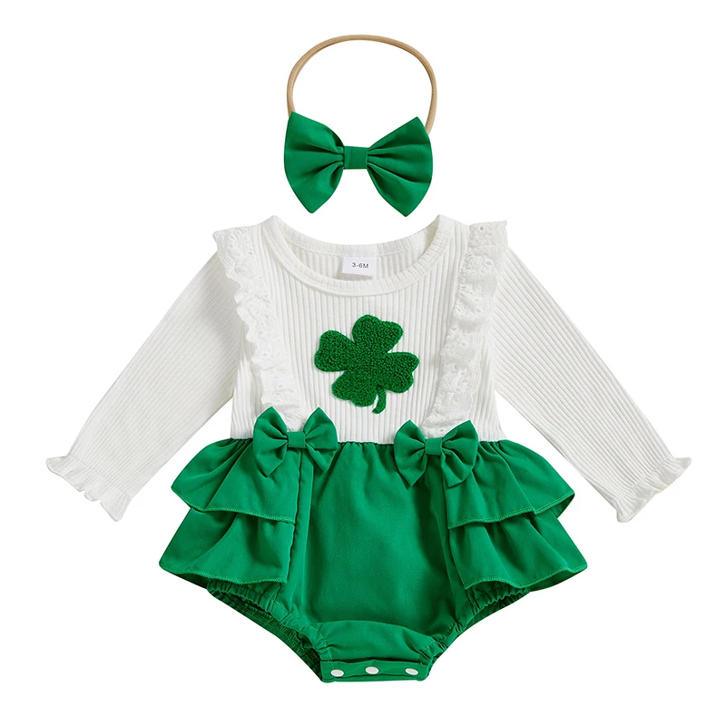 Baby Girls Irish Day Outfit Clover Embroidery Long Sleeve Jumpsuits and Cute Headband Set for Toddler Infant Outfits