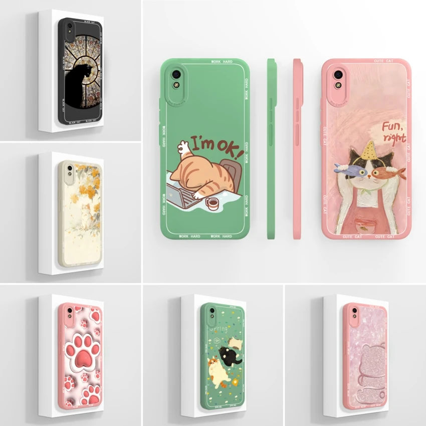 For Xiaomi Redmi 9A 8A 6A 5A 4A Candy Color Cute Cat Cellphone Case High Quality Liquid Silicone Anti Fall Protective Soft Cover