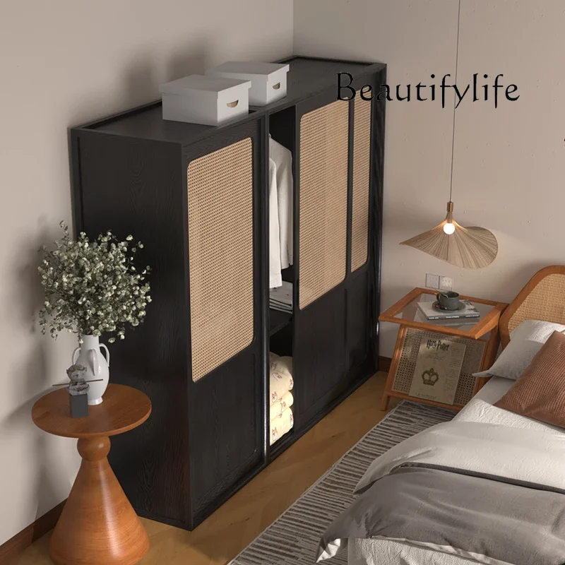 French solid wood rattan retro sliding door wardrobe home antique bedroom combination clothes and hats storage cabinet