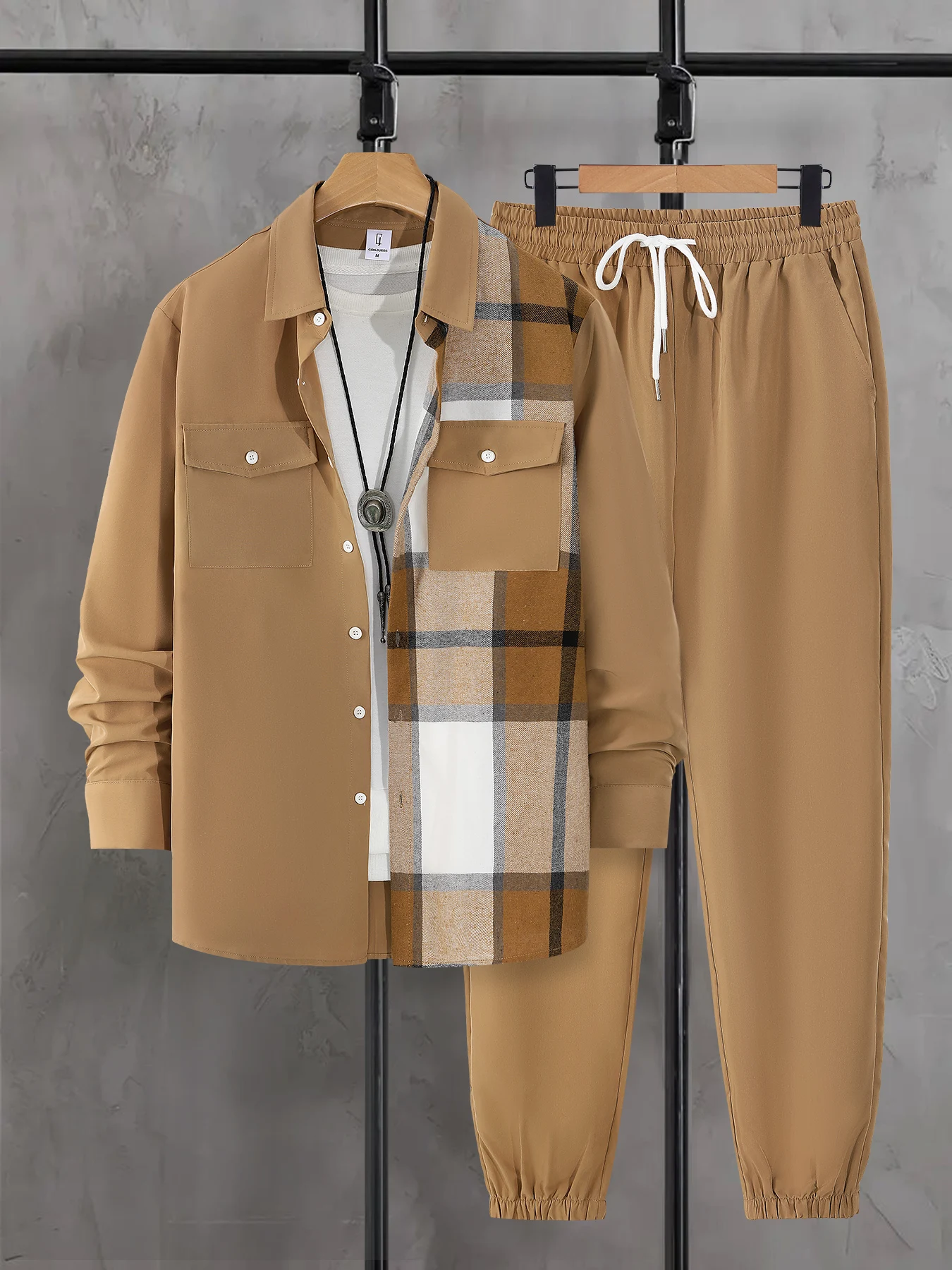 Men's Plus Size Color Block Plaid Patchwork Long Sleeve Shirt & Jogger Pants Set 2 Piece Spring Autumn Loose Casual Outfit