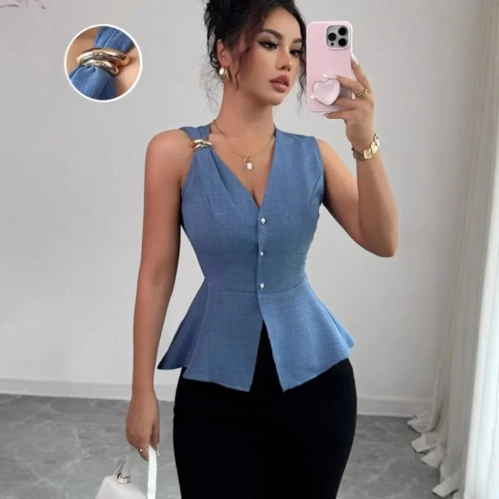 Women Minimalist Metal Buckle V-Neck Sleeveless Blouse Cinched Waist Slim Fit Casual Office Streetwear Chic Ladies Wrinkle Free