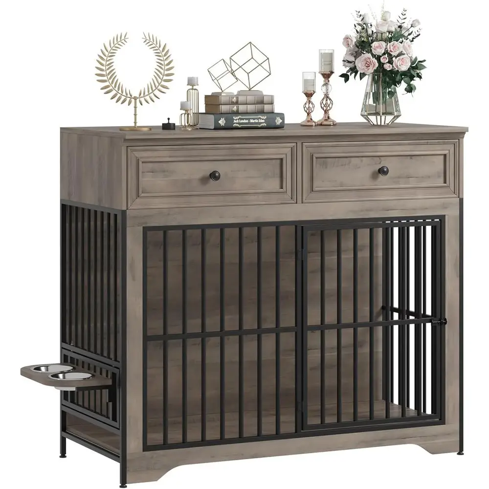 

Деревянный вольер для собак с регулируемой высотой (42 дюйма) и поворотом на 360 градусов ° Подставка для миски для собак средних и крупных пород, серый домик для животных для использования в помещении