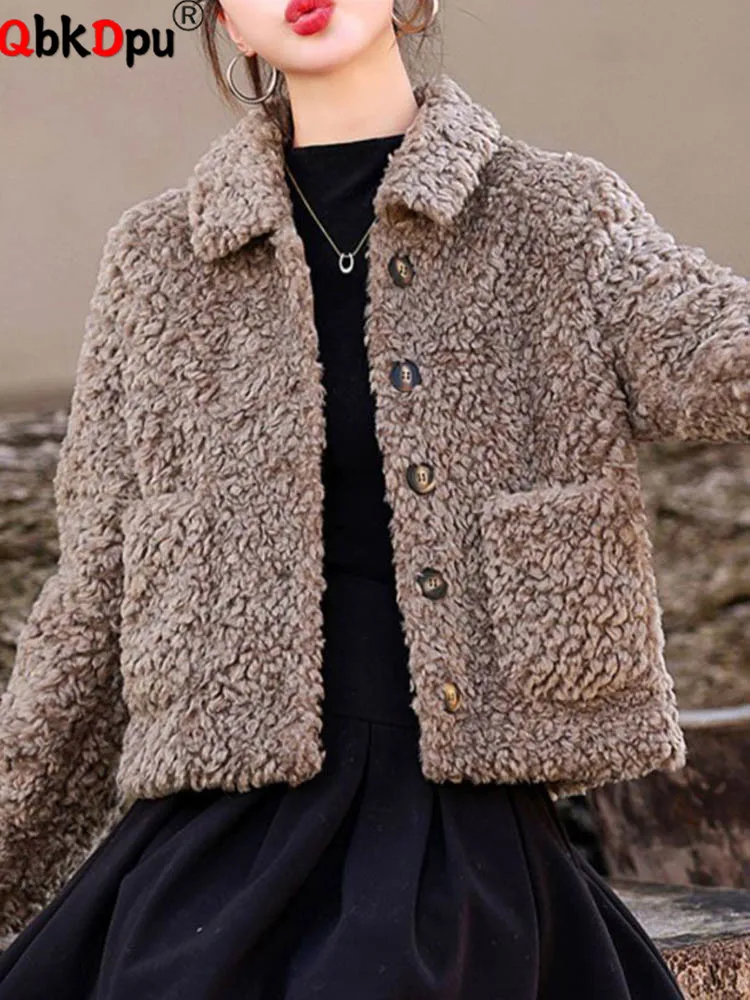 

Lamb Wool Lapel Neck Outerwears Women Casual Lapel Neck Single Breasted Jackets Tops Korean Fashion Loose Long Sleeve Chaquetas