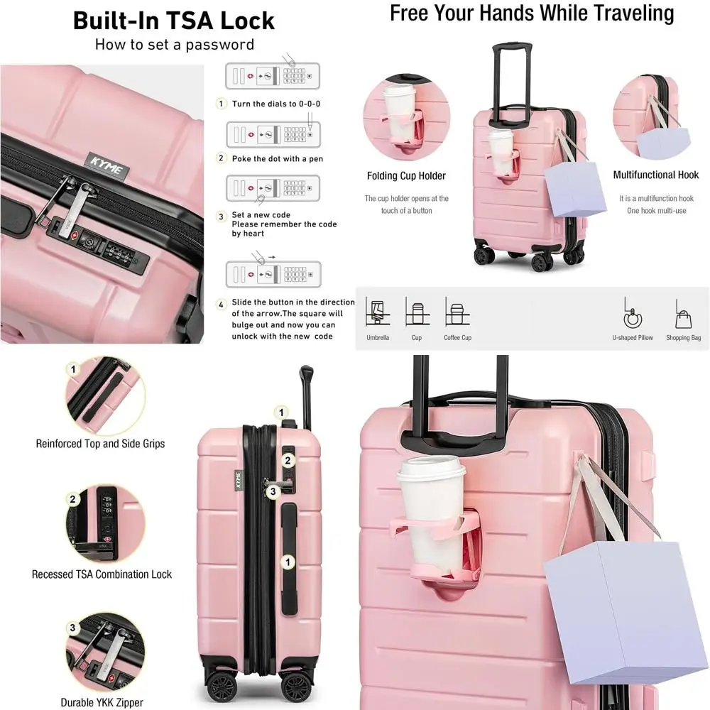 

20 Airline-Approved Expandable Hardshell Carry-On Suitcase with TSA Lock and Cup Holder for Women