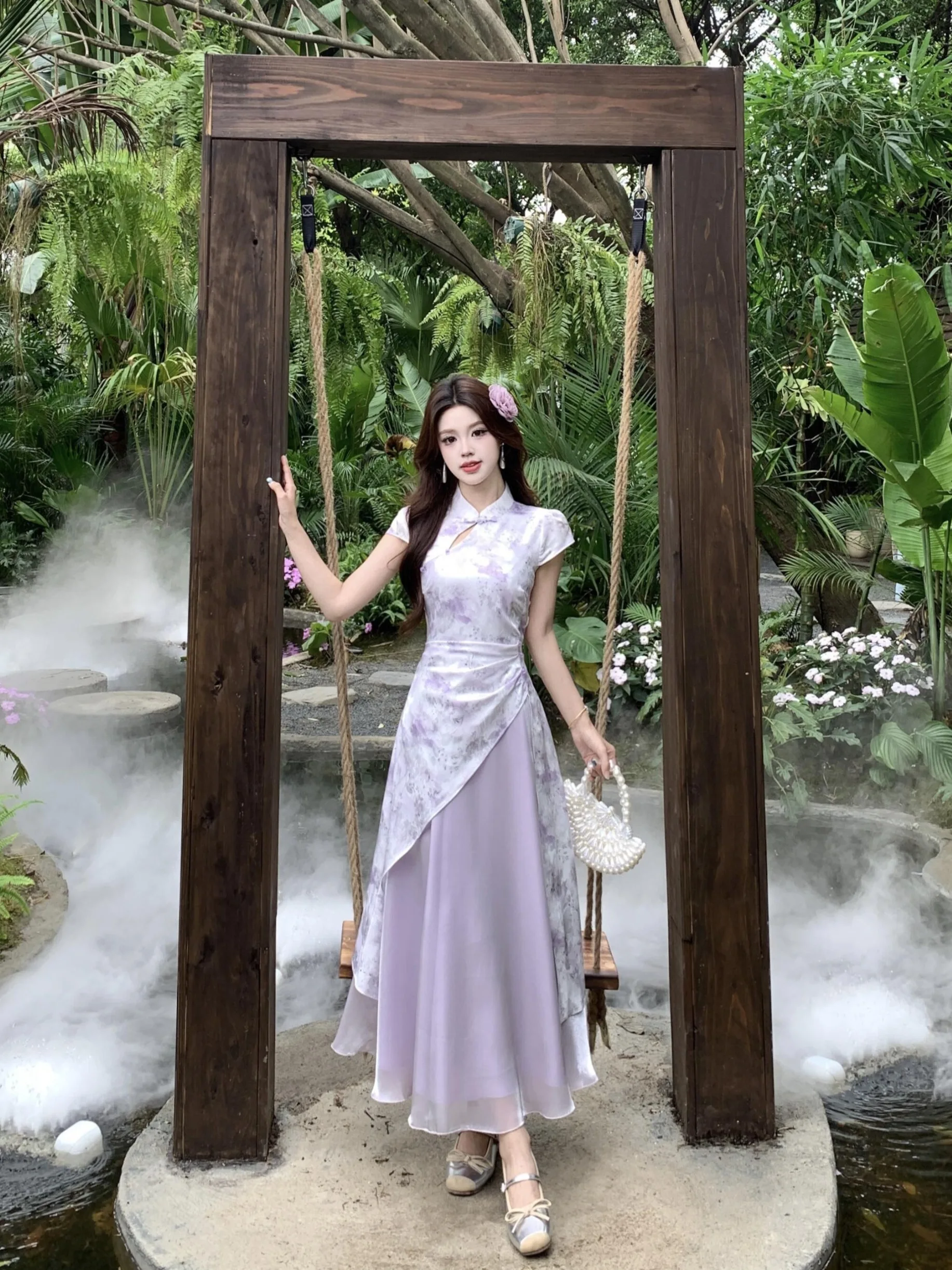 

plus Size Beautifully Revised Summer New Style Slimming Midi Dress Purple Chinese Style Women's Clothing Commute Style