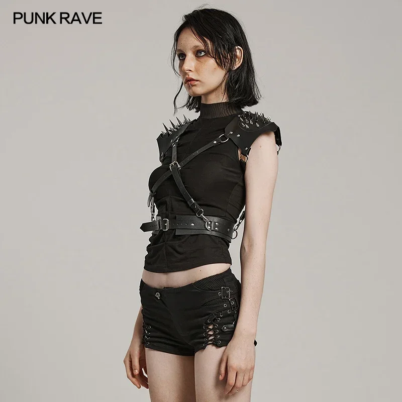 PUNK RAVE Women's Punk Pointed Rivets Faux Leather Harness Party Club Slim Sexy Women Waist Corset Halloween Cosplay Accessories