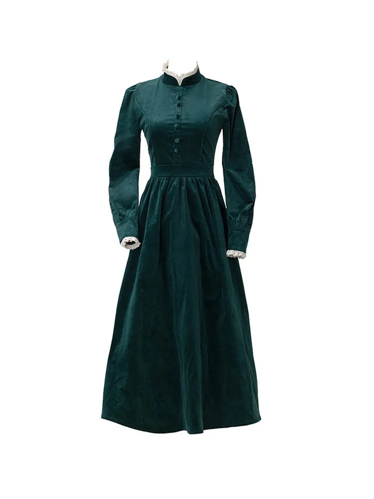 เดรสผ้าลูกฟูกสีน้ำเงินสำหรับผู้หญิง แขนยาว ความยาวกลางน่อง สไตล์วินเทจ เอวสูง คอตั้ง สีดำ ไซส์ S-L สำหรับฤดูใบไม้ร่วงและฤดูหนาว