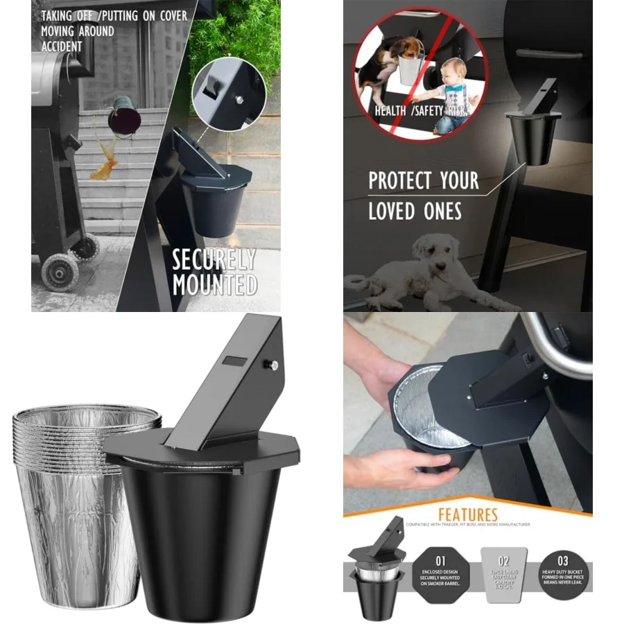 

Upgraded Grease Bucket with Lid 12PCS Liners, Grease Catcher for Smoker Drip Bucket, Compatible with Traeger, Pit Boss, Z Grill
