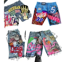 Hip Hop Gothic Patchwork Y2K Denim Shorts Mens Womens Harajuku Baggy Sweatpants High Waist Casual Gym Shorts Streetwear