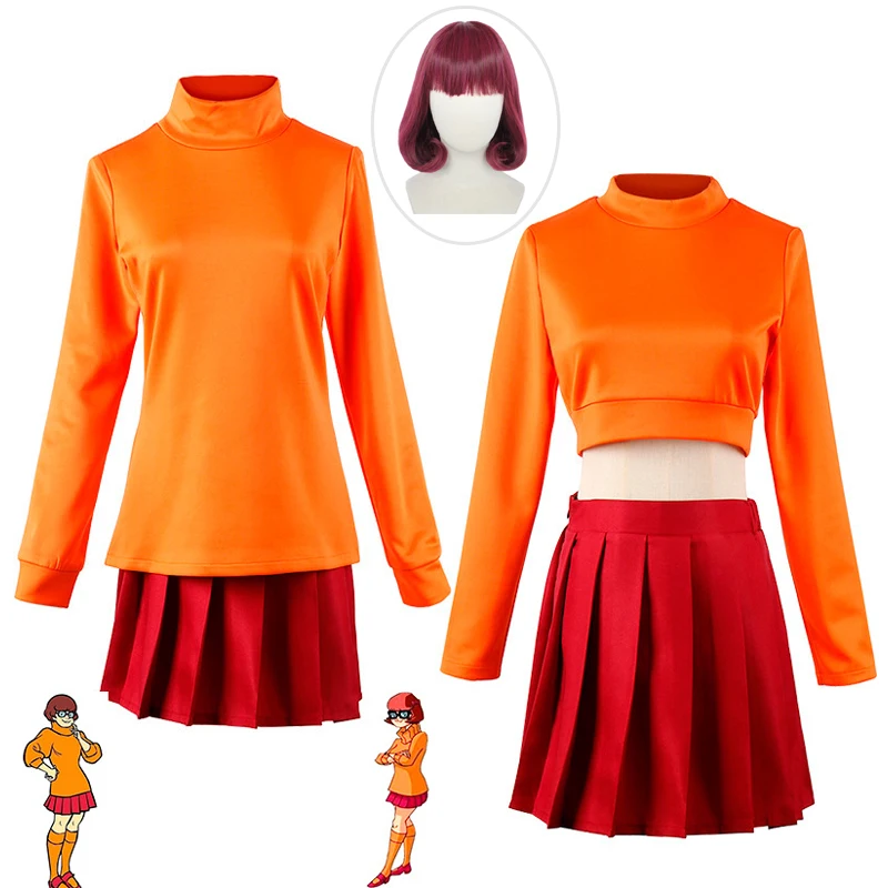 Halloween Anime Velma Seragam Daphne Cosplay Costume Orange Top Skirt Dress Girls Uniform Women Shirt Skirt Set Party Outfit Wig