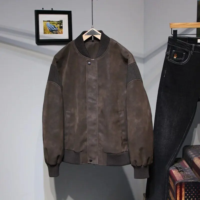 

Весна 2026: Мужская свободная куртка из искусственной кожи с бейсбольным воротником, модная молодежная модель с комбинированными вставками, дышащая, повседневная, стильная.