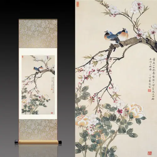 

Chinese Silk Scroll Painting magpie plum blossom Home Office Decoration(beaming with joy)