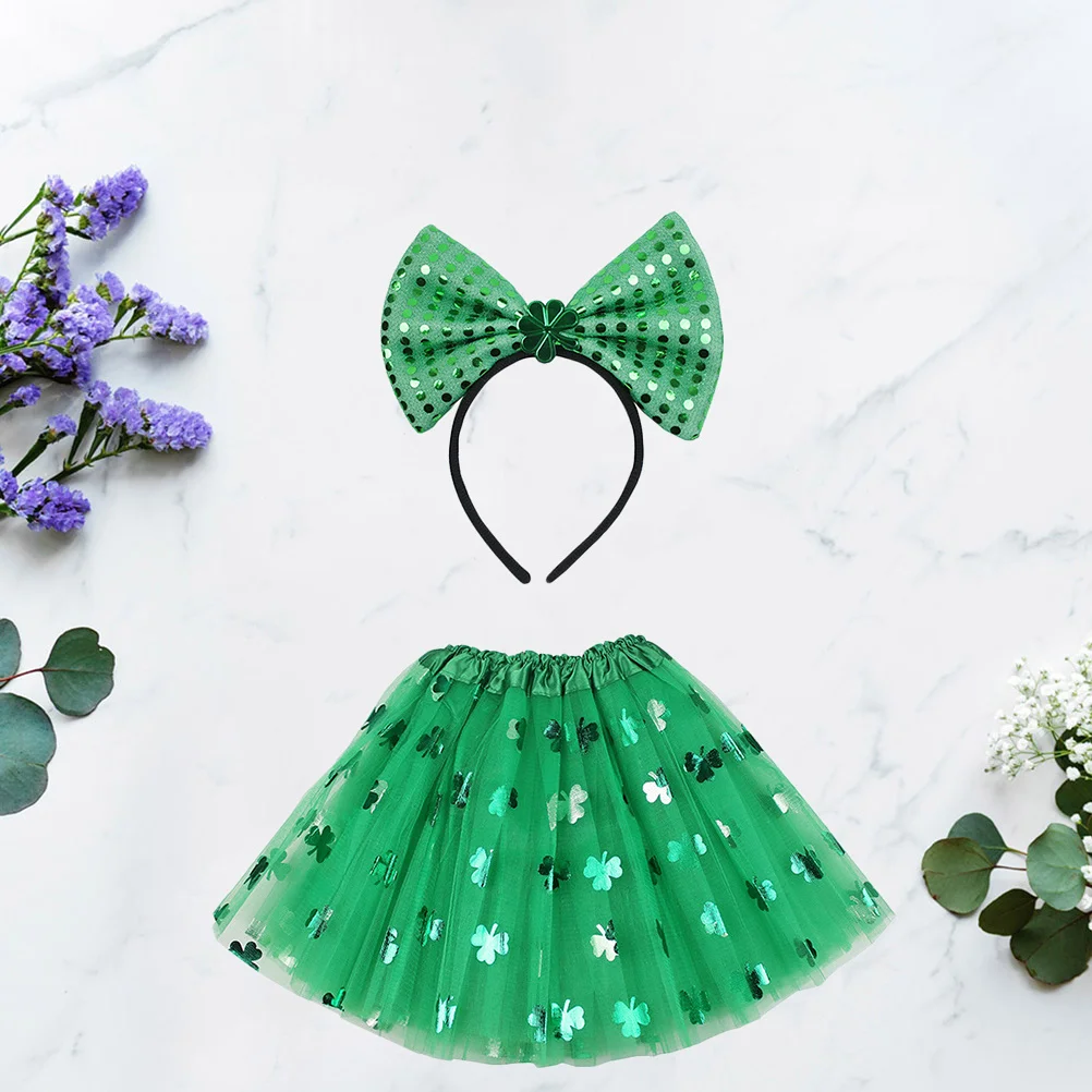 

1Pcs St Patrick's Gauze Skirt Three-Layered Party Dress Elastic Waistband Bowknot Headband for Ladies