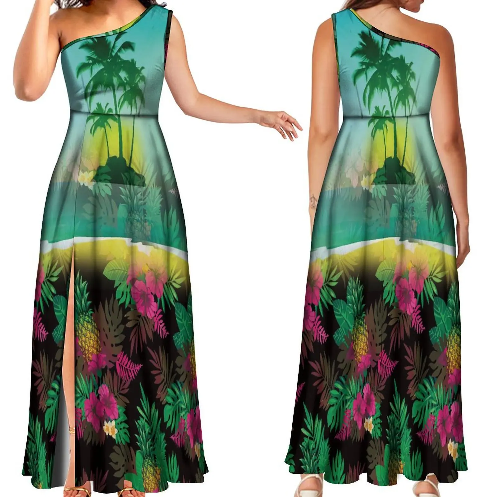 

Women's dress MIDI Party Hawaiian dress Women's one-shoulder dress Polynesian tribe custom floral design