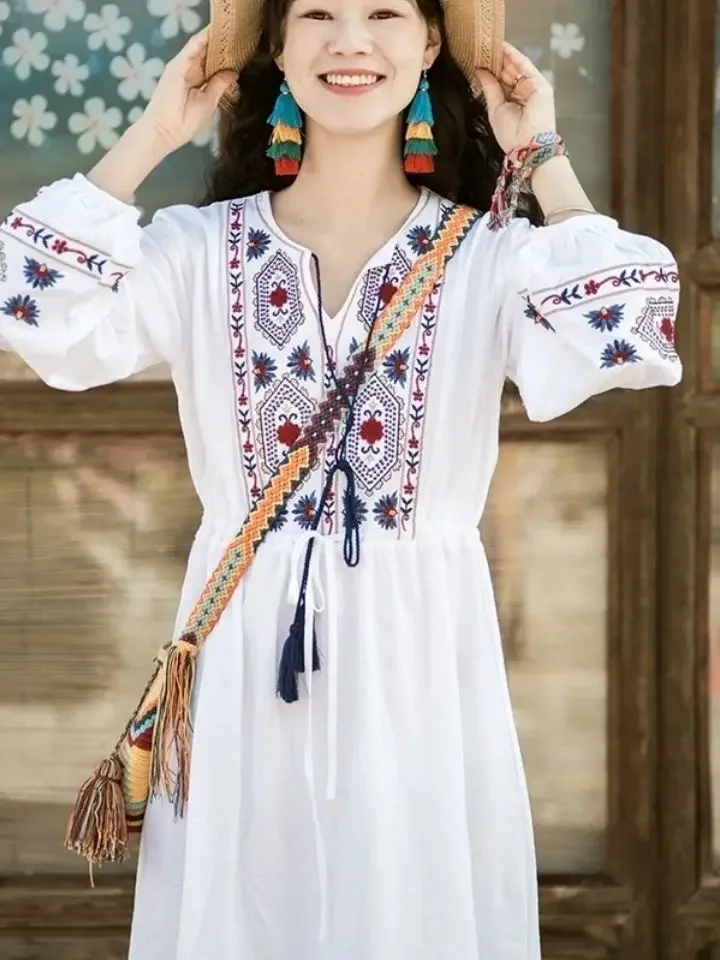 Spring Autumn Vacation Tourism Bow Tie Neck Dress Women Loose Elegant Ethnic Lantern Sleeve Cute Embroidered Floral Cute Dresses