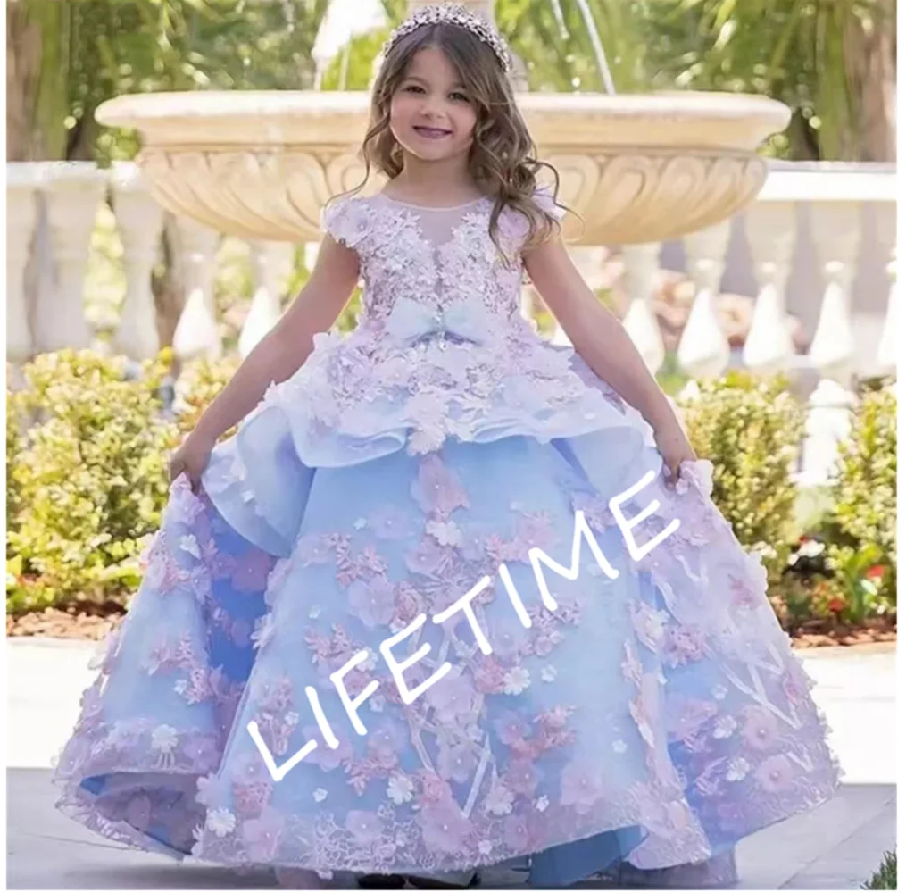 

Blue Flower Girl Dresses Short Sleeves Party Dress Tulle Appliques Beading Kids Birthday Princess Dresses