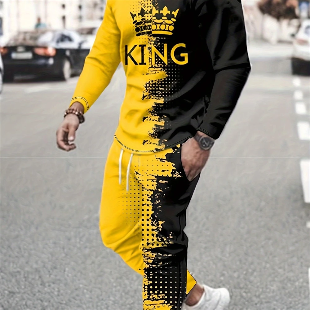 

2Pcs KING Pattern Outfits 3D print Sweatsuits Casual Crew Neck Long Sleeve T-shirt suit and Drawstring Sweatpants Joggers Set