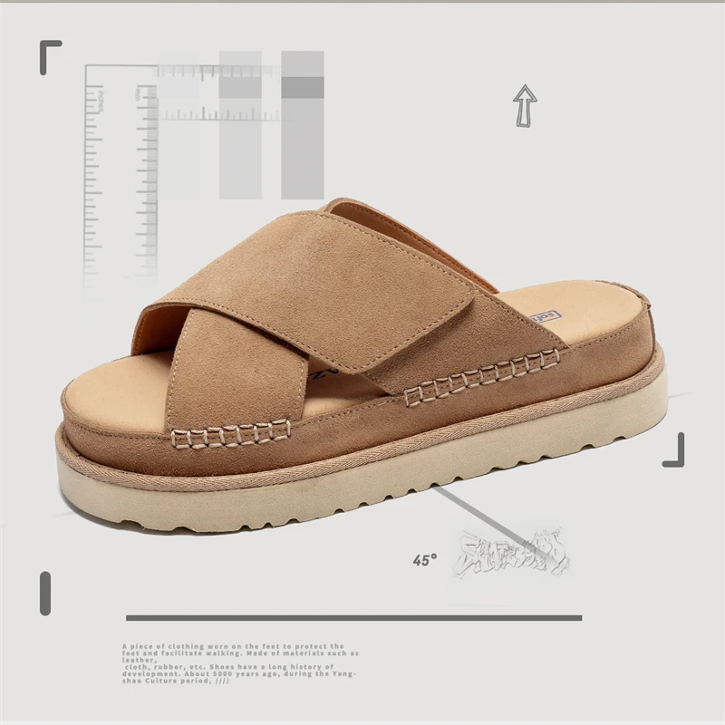 

Summer Breathable New Versatile Shoes for Men and Women Couples, Thick Sole Cork, Leather Slippers for Outer Wear