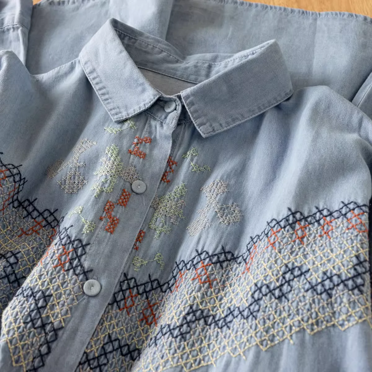 

2025 Spring women's clothing Japan style ethnic embroidery denim shirts and blouses for women long sleeve tops