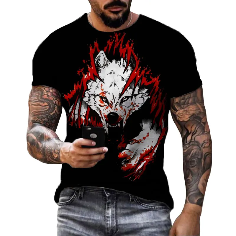 Black and white men's T-shirt Chinese style Supreme pole short sleeved men's animal wolf graphic clothes casual loose top O-neck