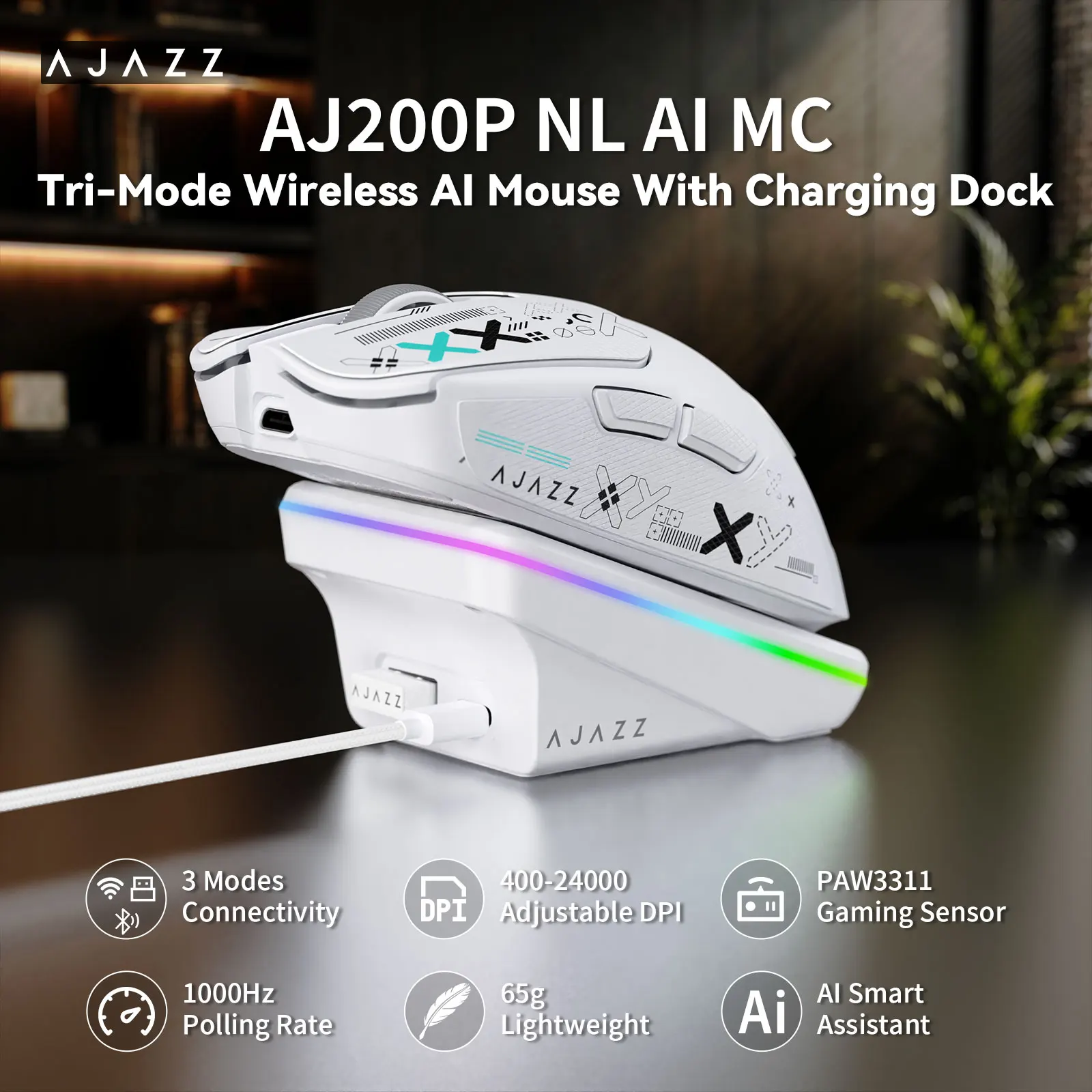AJ200P NL AI MC Wireless Gaming Mouse,65g Ultra‑Lightweight Tri‑Mode Mouse with Built‑in AI Voice Assistant & 24000 DPI Optical